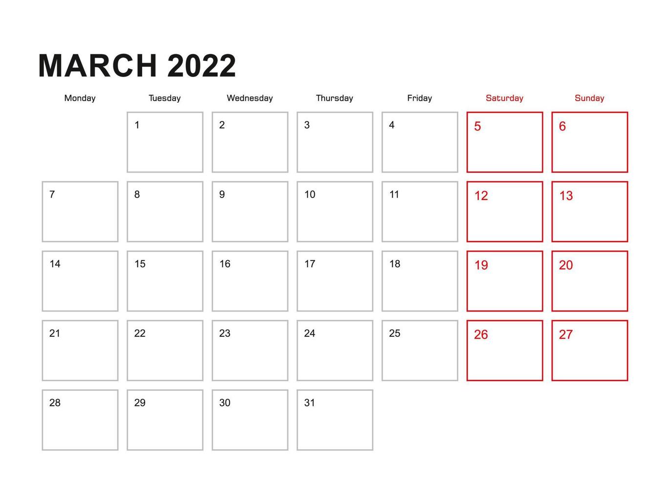 Wall planner for March 2022 in English language, week starts in Monday. vector