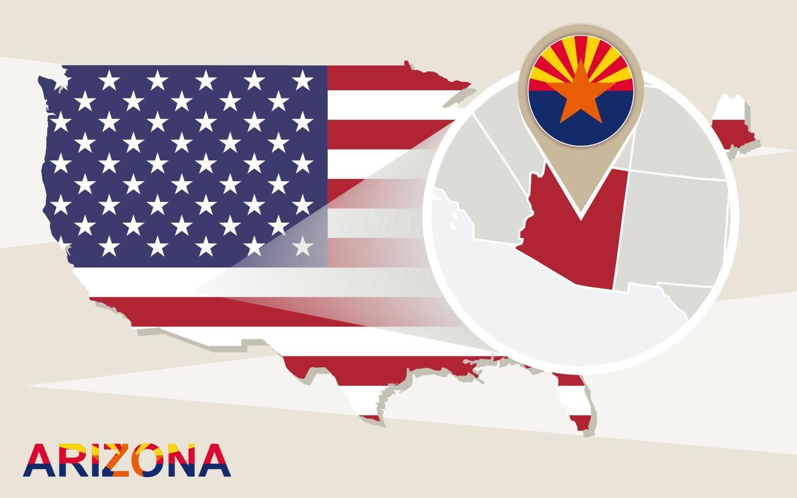 USA map with magnified Arizona State. Arizona flag and map. vector