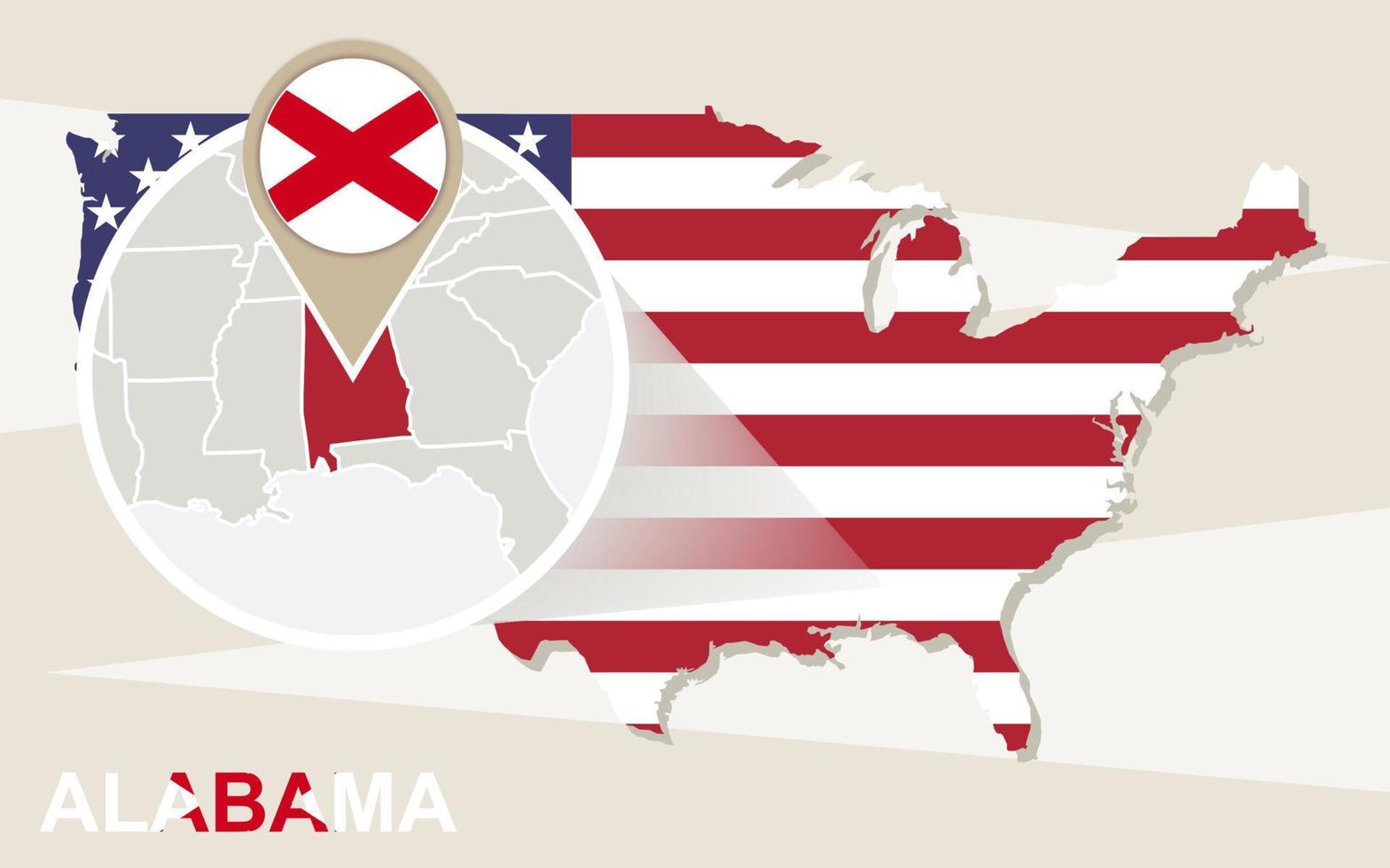 USA map with magnified Alabama State. Alabama flag and map. vector