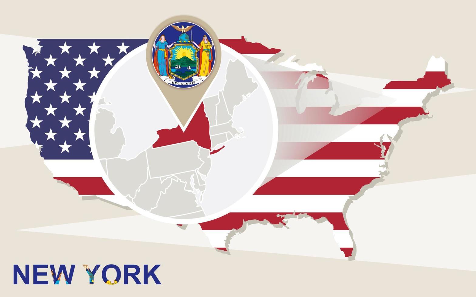 USA map with magnified New York State. New York flag and map. vector