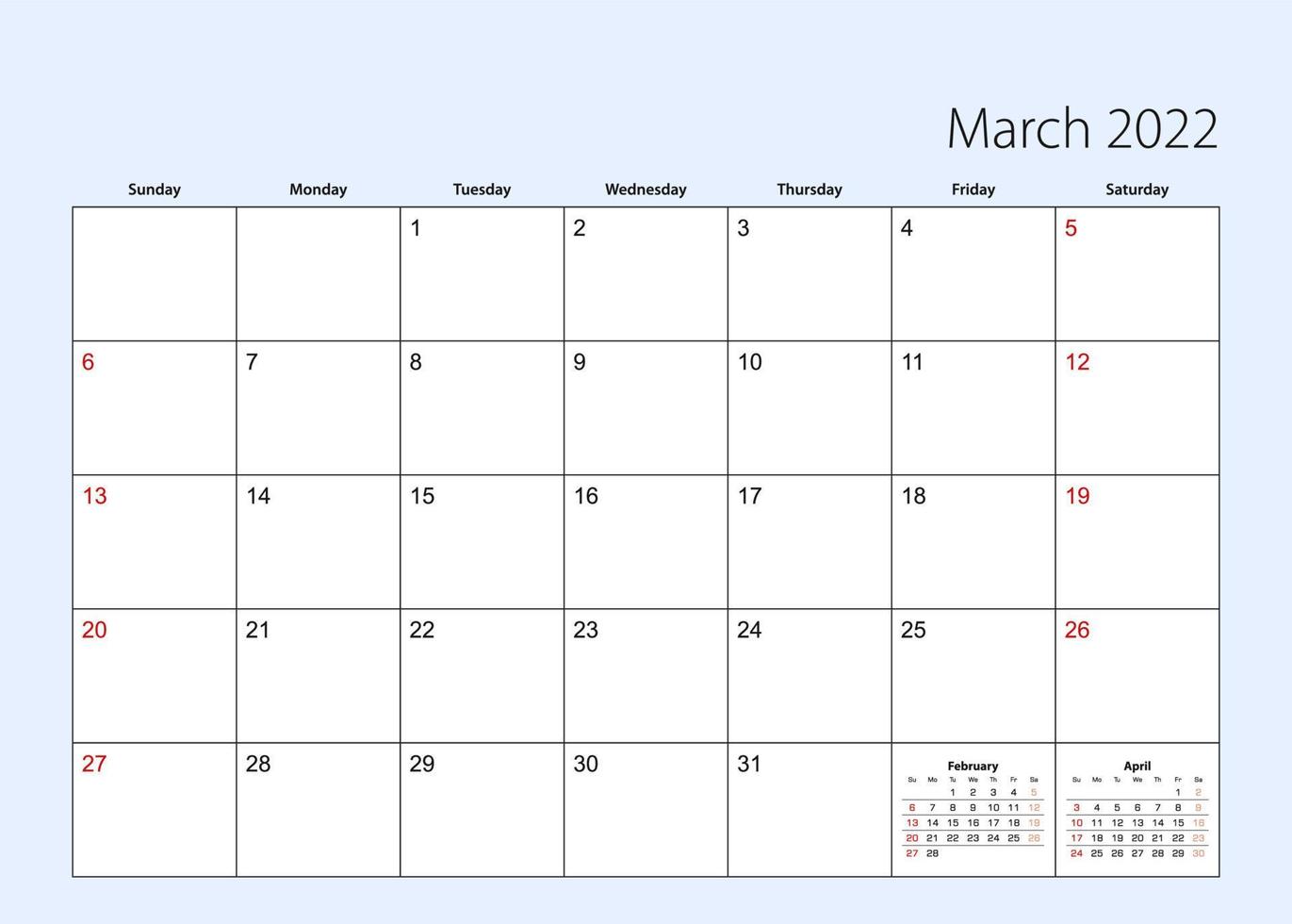 Wall calendar planner for March 2022. vector