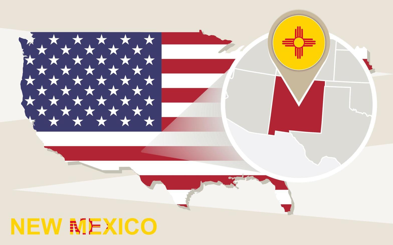 USA map with magnified New Mexico State. New Mexico flag and map. vector