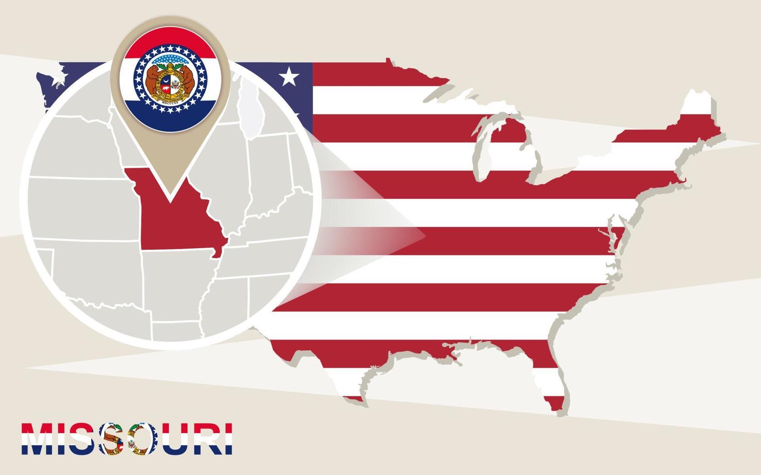 USA map with magnified Missouri State. Missouri flag and map. vector