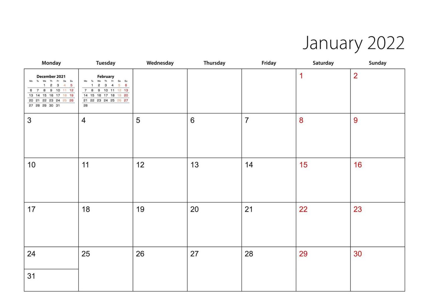 January 2022 simple calendar planner, week starts from Monday. vector