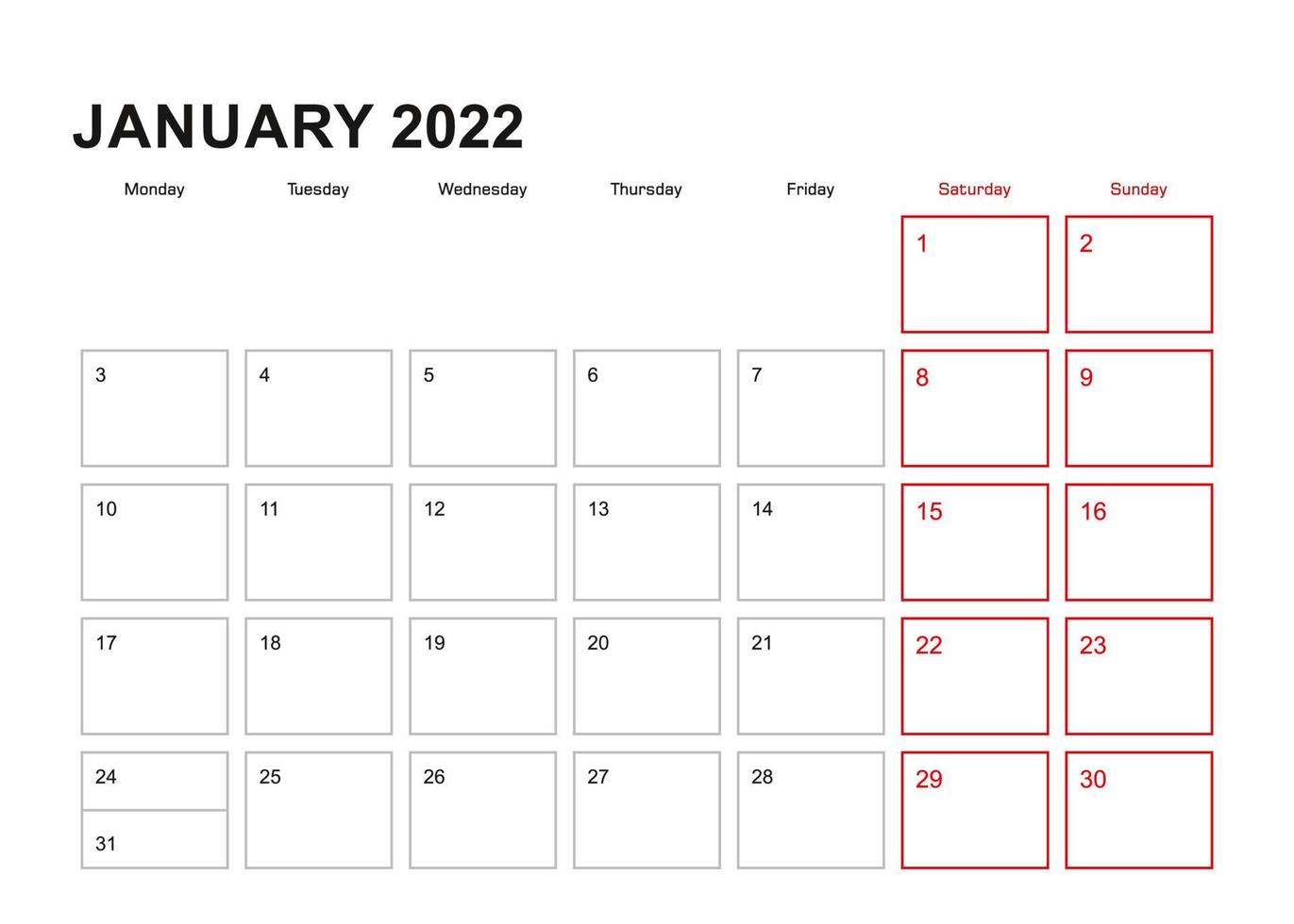 Wall planner for January 2022 in English language, week starts in Monday. vector