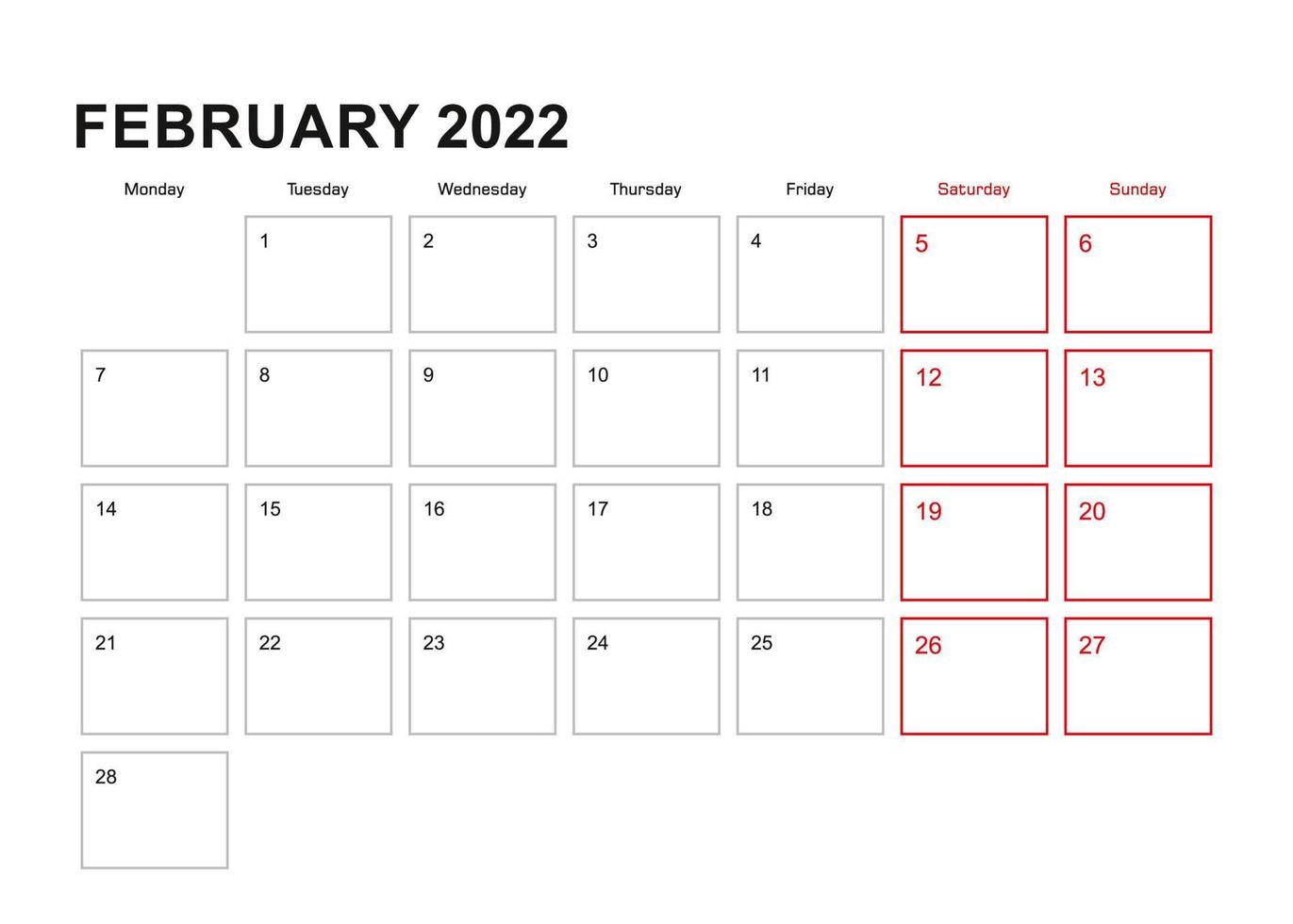 Wall planner for February 2022 in English language, week starts in Monday. vector