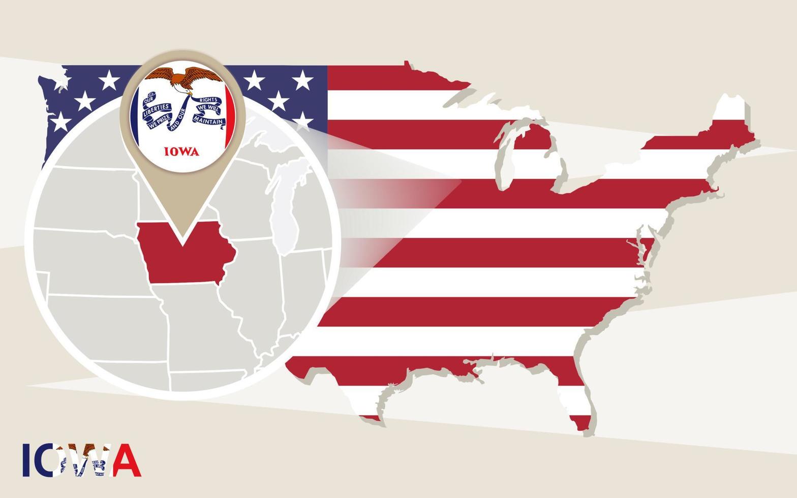 mapa de estados unidos con el estado de iowa ampliado. bandera y mapa de iowa. vector