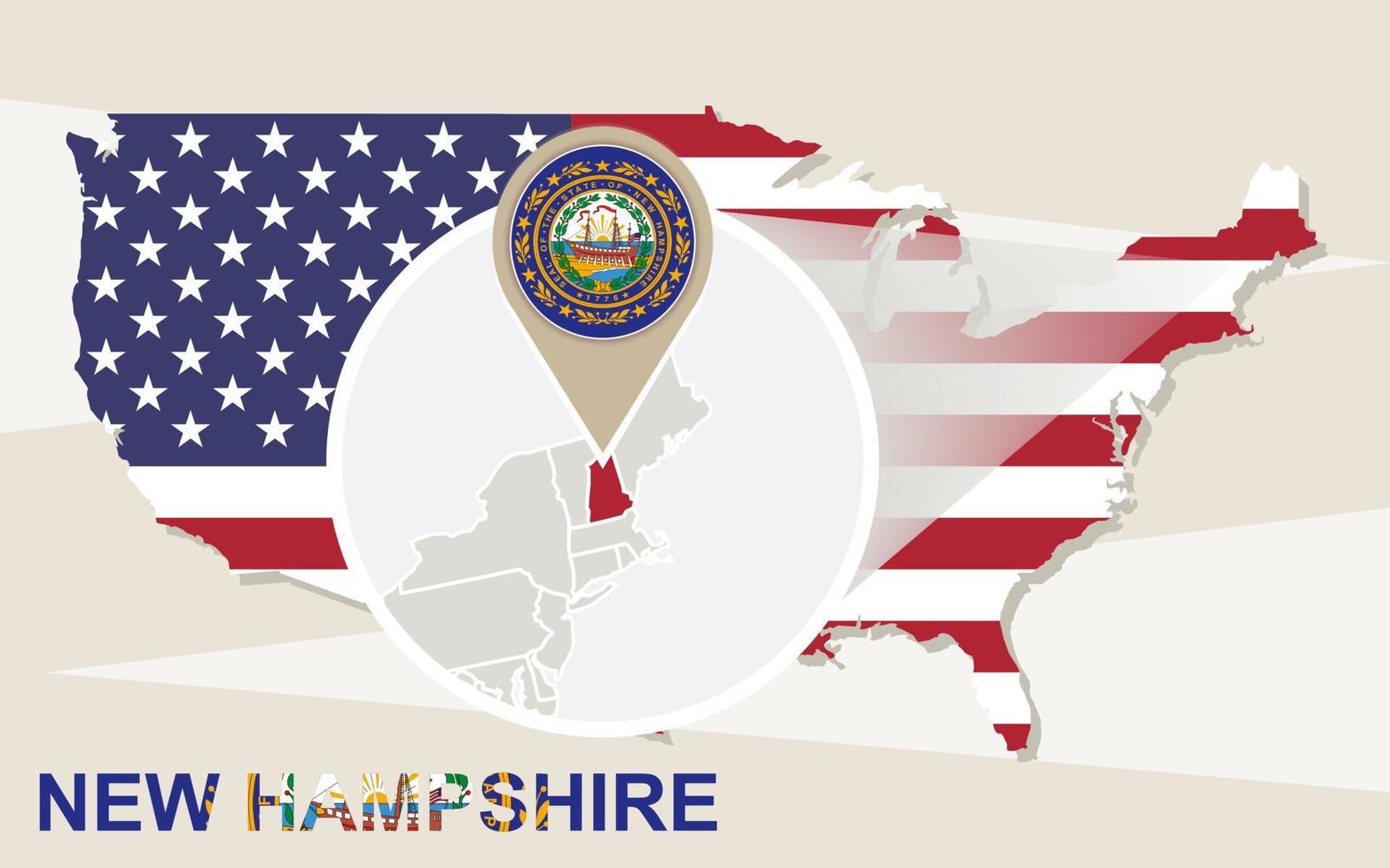 USA map with magnified New Hampshire State. New Hampshire flag and map. vector