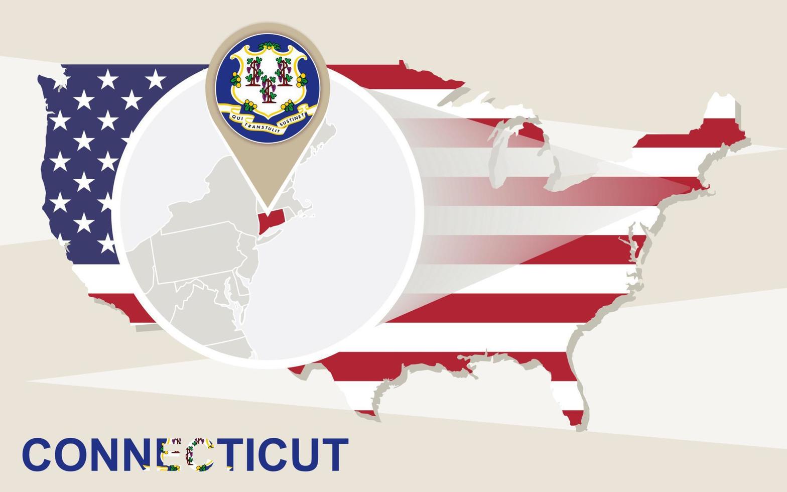 mapa de estados unidos con estado magnificado de connecticut. bandera y mapa de connecticut. vector