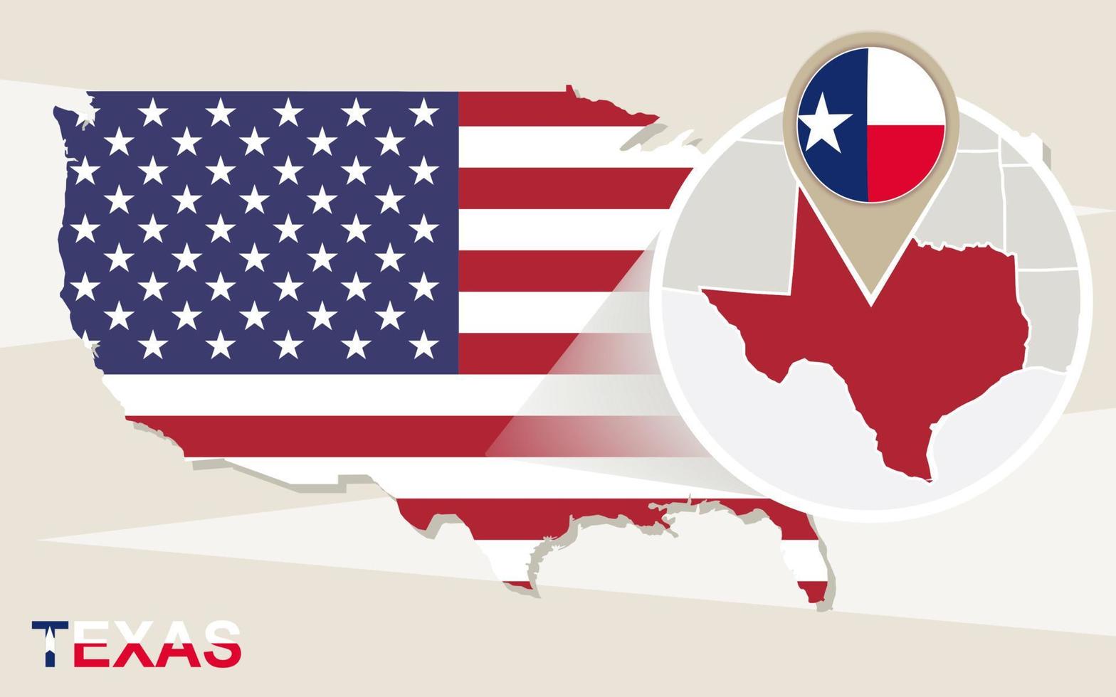 USA map with magnified Texas State. Texas flag and map. vector