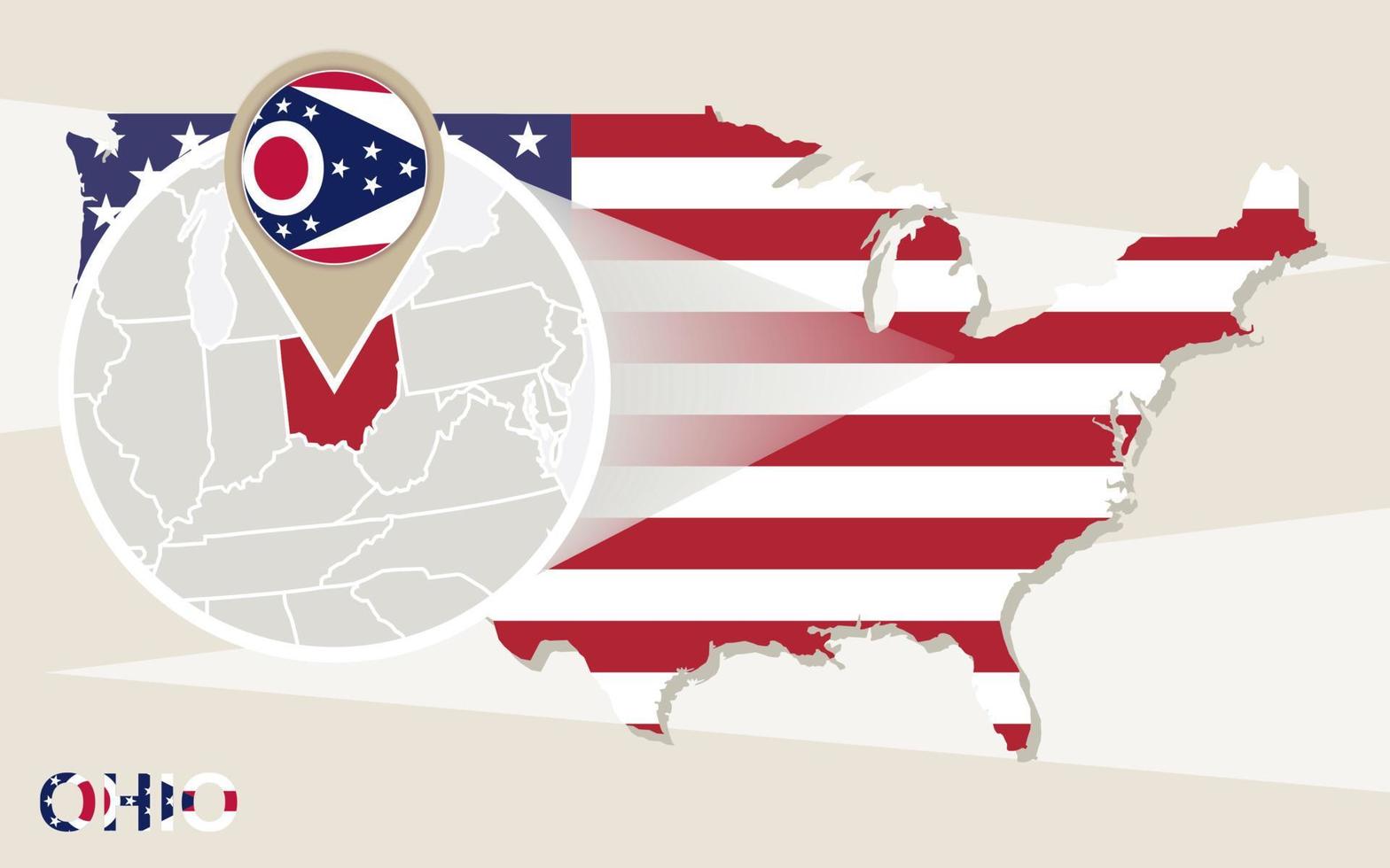 USA map with magnified Ohio State. Ohio flag and map. vector