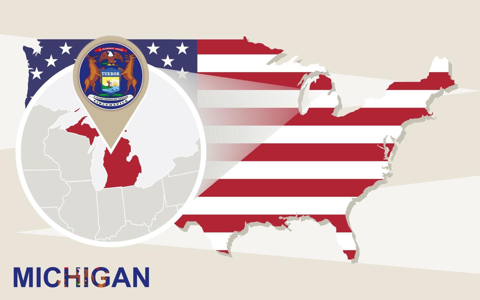USA map with magnified Michigan State. Michigan flag and map. vector