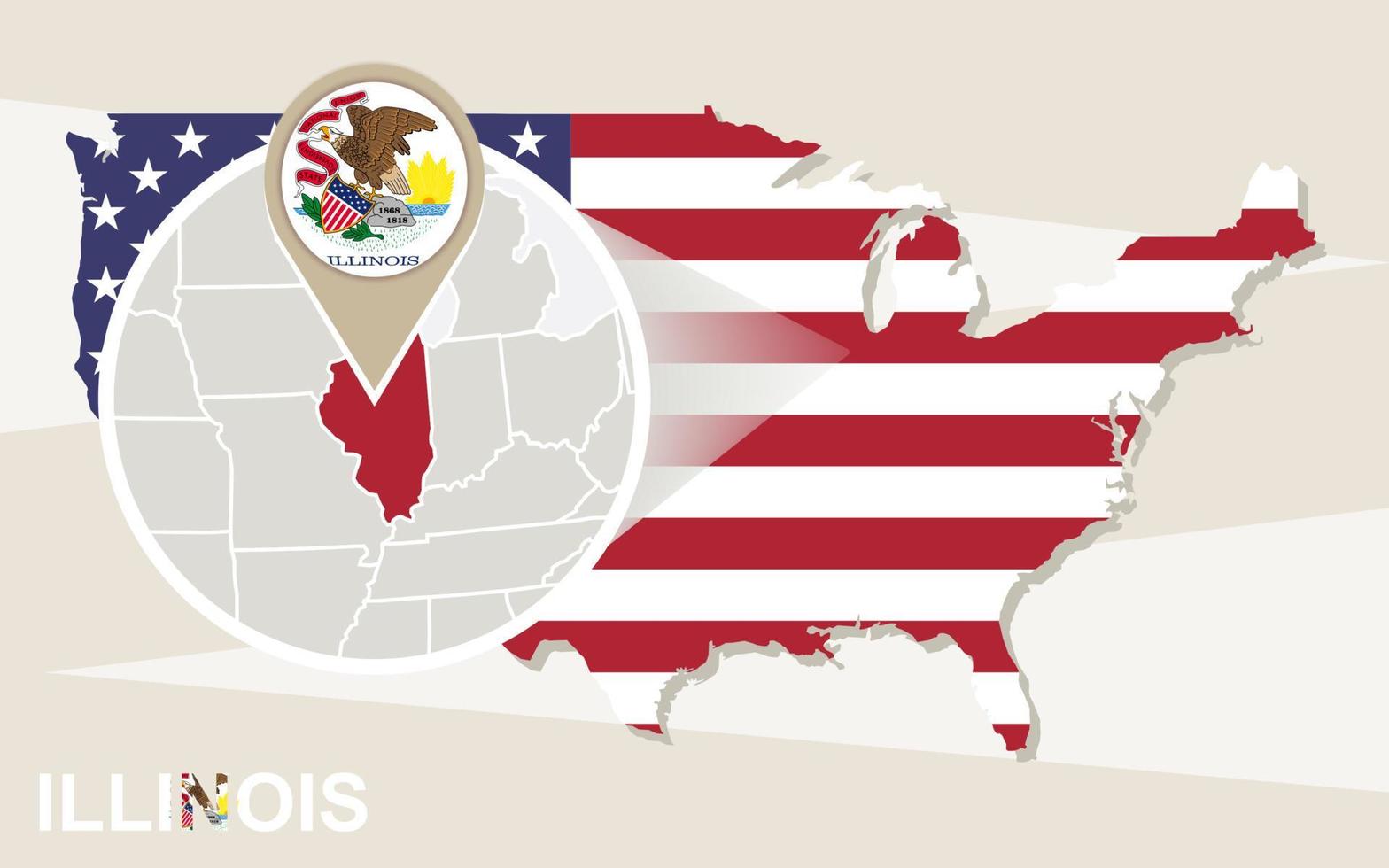 USA map with magnified Illinois State. Illinois flag and map. vector
