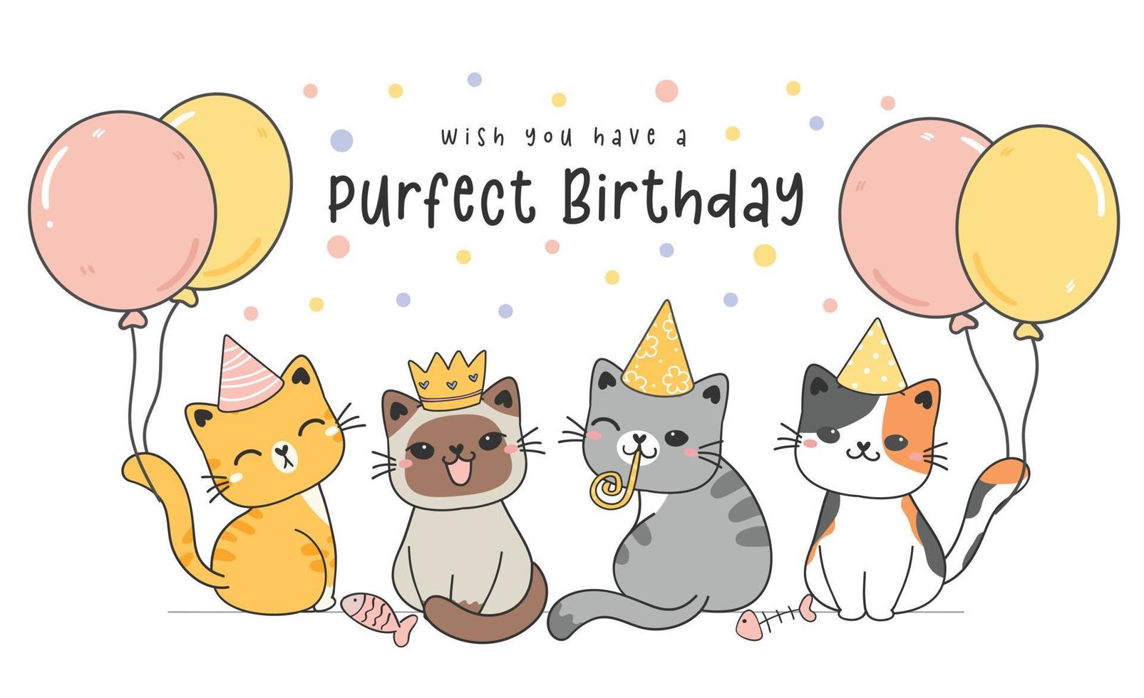 grupo de cuatro lindos gatitos felices de cumpleaños con globos pastel, dibujo de dibujos animados de animales lindos ilustración vectorial tarjeta de cumpleaños de felicitación vector