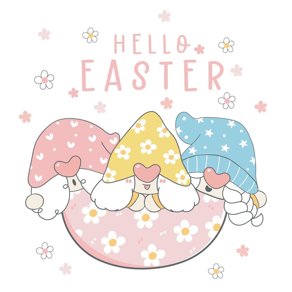 Hello Easter greeting, group of Three cute happy funny Gnome bunny ears pastel in Easer broken eggshell, elf cartoon drawing outline vector, happy holidays banner vector