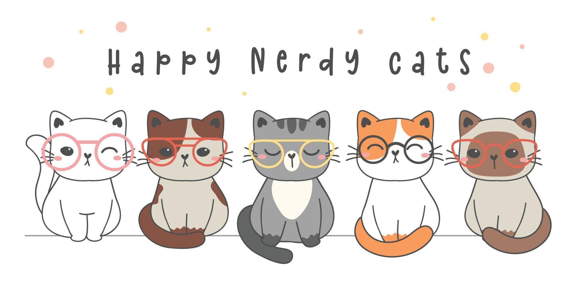 grupo de lindo feliz inteligente nerd gato con gafas, lindo animal mascota caricatura dibujo vector tarjeta de felicitación banner