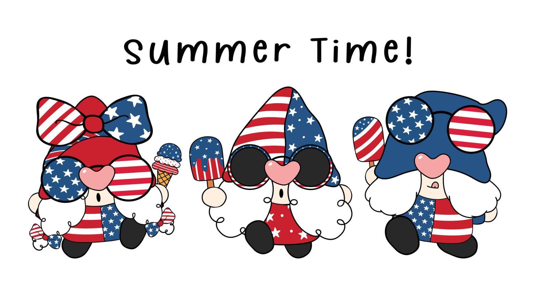 cute three trio American hippy gnome with ice cream, celebrating summer, cartoon greeting card drawing vector