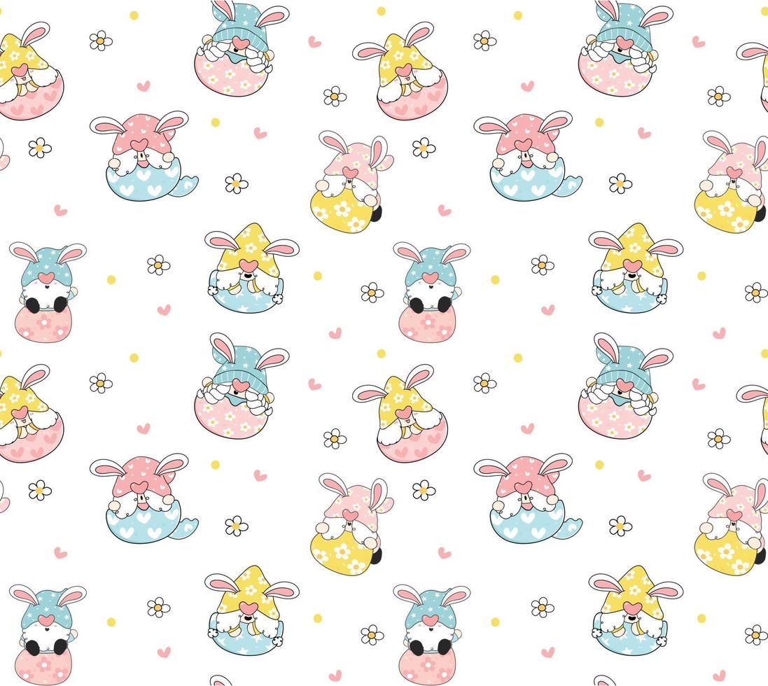 cute easter bunny gnome pastel in egg pattern seamless background, cartoon drawing vector