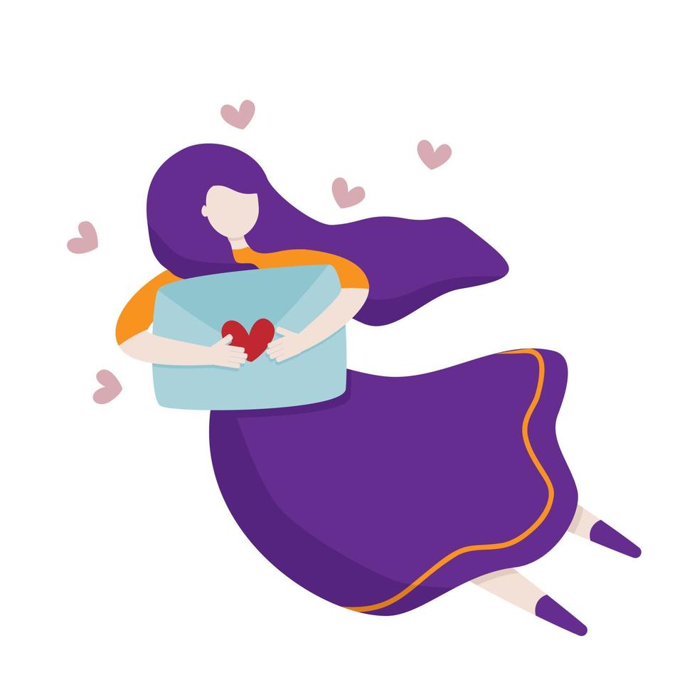 Abstract faceless girl with purple hair holding big letter with heart shaped stamp and flying from being in love. St Valentine postcard. Love at distance concept. Modern flat style vector drawing.