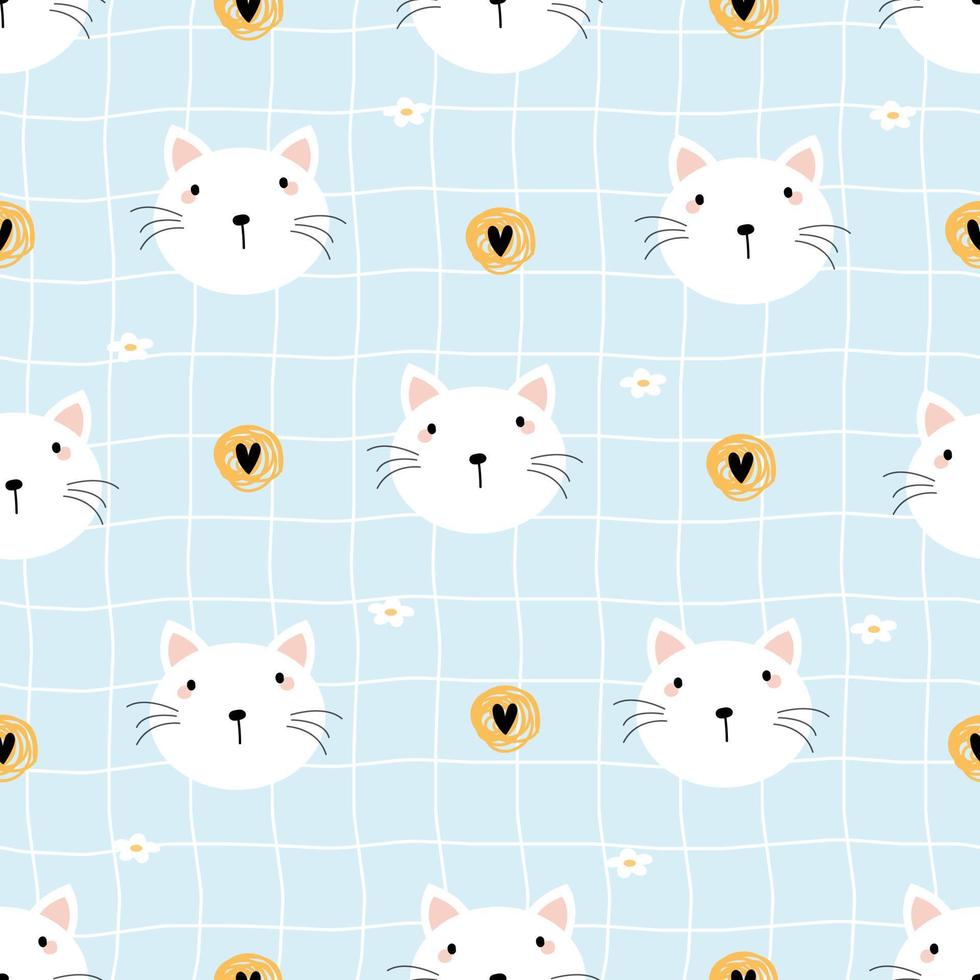 Nursery seamless pattern cat face on mesh background Use for prints, wallpapers, textiles, vector illustration