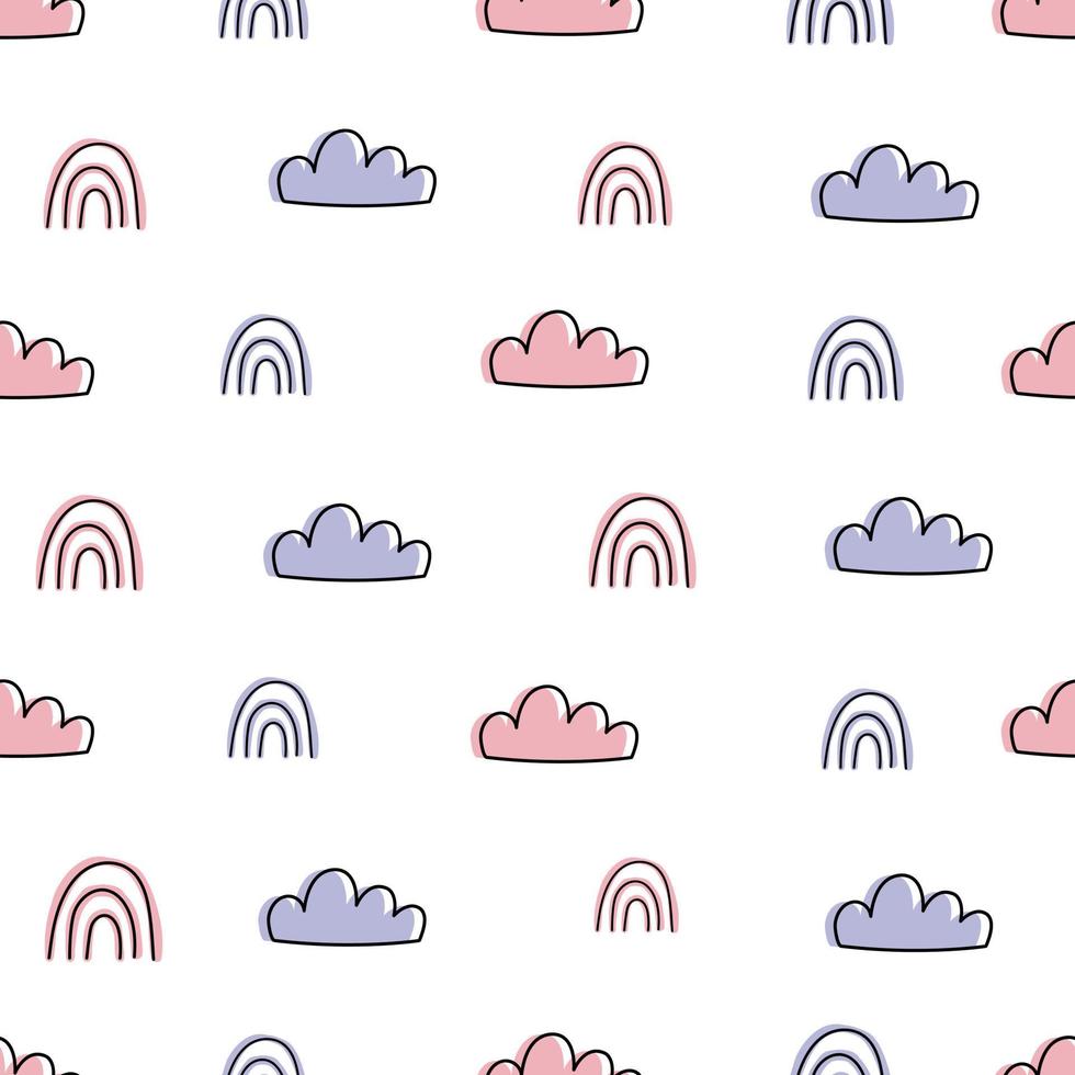 Seamless nursery pattern clouds and rainbow cute textures for baby bedding, fabrics, wallpaper, wrapping paper, textiles vector