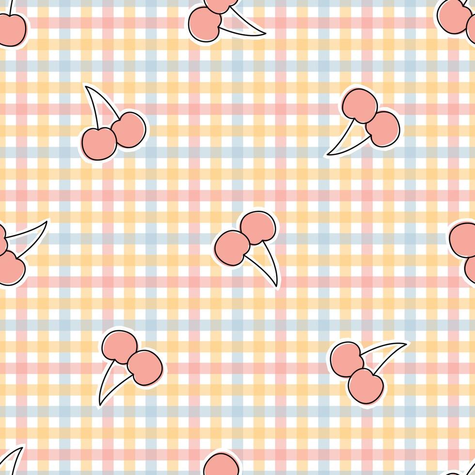 Baby seamless pattern pink cherry on plaid background Use for prints, wallpaper decorations, fabrics, textiles vector illustration