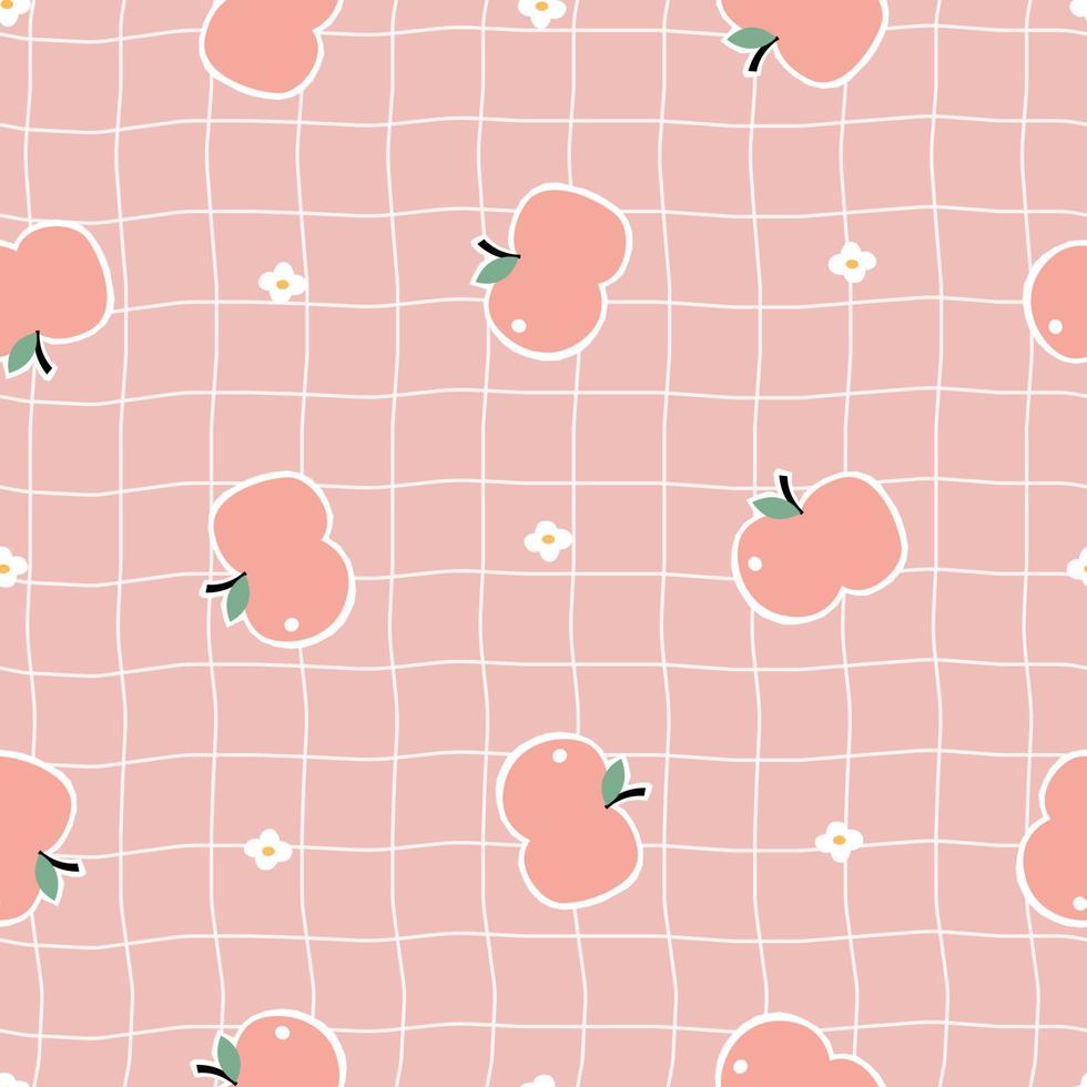 Baby seamless pattern apple fruit background with square grid lines on pink background Used for print, wallpaper decoration. vector illustration