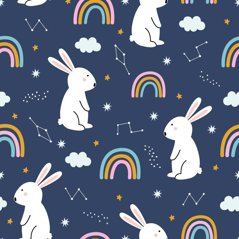 nursery seamless pattern rabbit with the sky and rainbow on blue background for print, wallpaper, textile, vector illustration