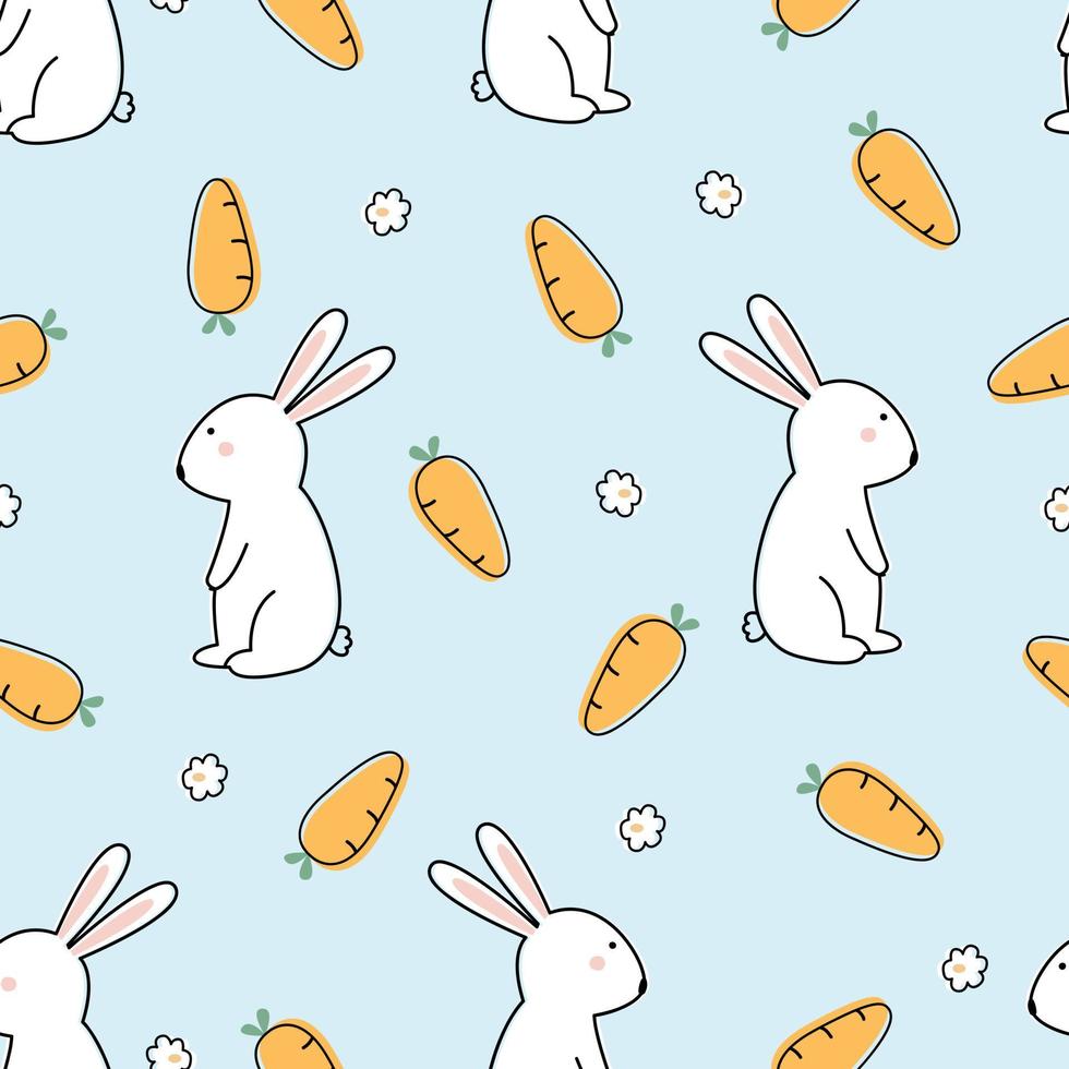 Rabbit and carrot nursery seamless pattern cute design hand drawn in cartoon style Use for prints, wallpapers, decorations, textiles, vector illustration