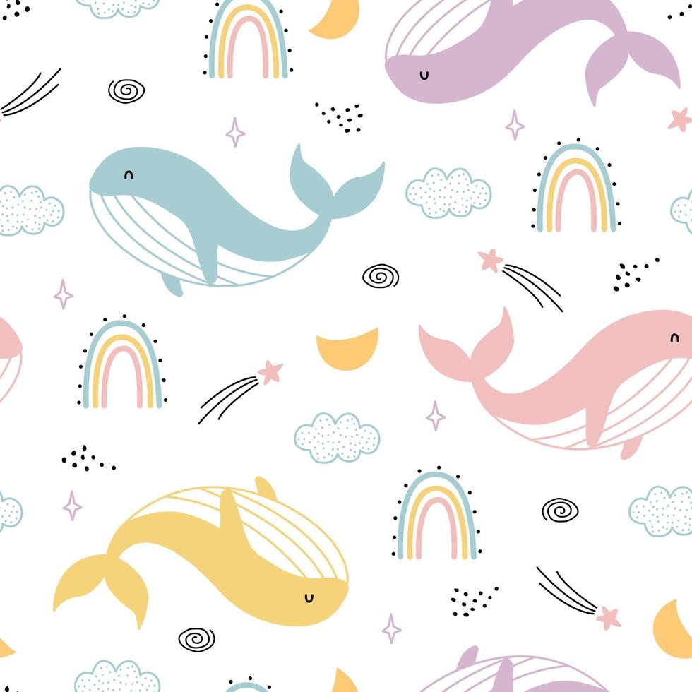 Nursery seamless pattern whale with sky hand drawn in cartoon style Use for textiles, prints, wallpapers, vector illustration