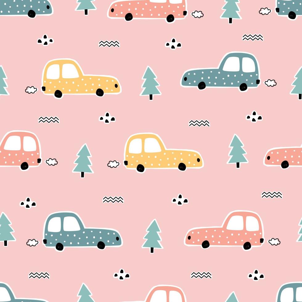 Nursery seamless pattern vintage car with trees on pink background used for prints, wallpapers, textiles Vector Illustration
