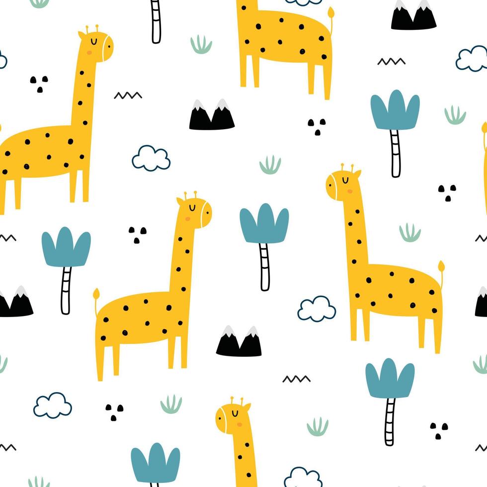 Giraffe and tree baby seamless pattern hand drawn cartoon cute background for kids vector