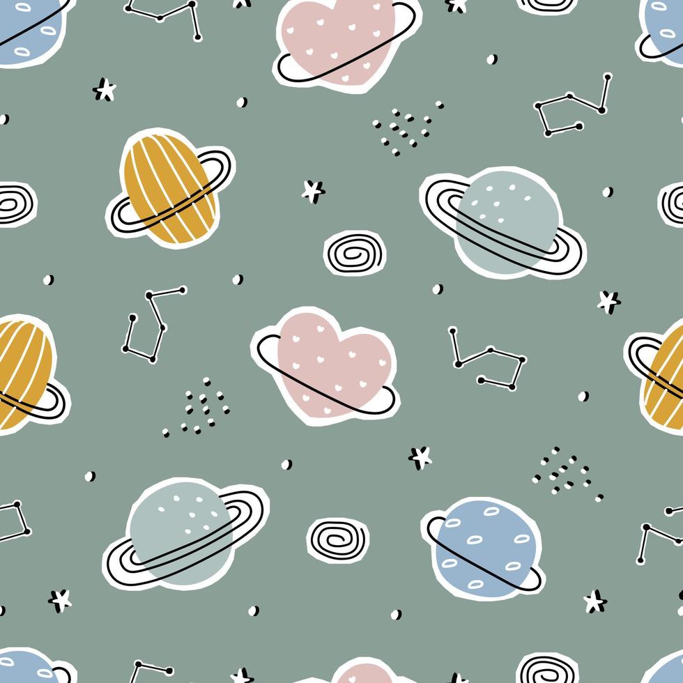 Fondo de espacio de patrones sin fisuras de bebé con planeta sobre fondo verde uso dibujado a mano para impresión, papel pintado, decoración, textiles. ilustración vectorial vector