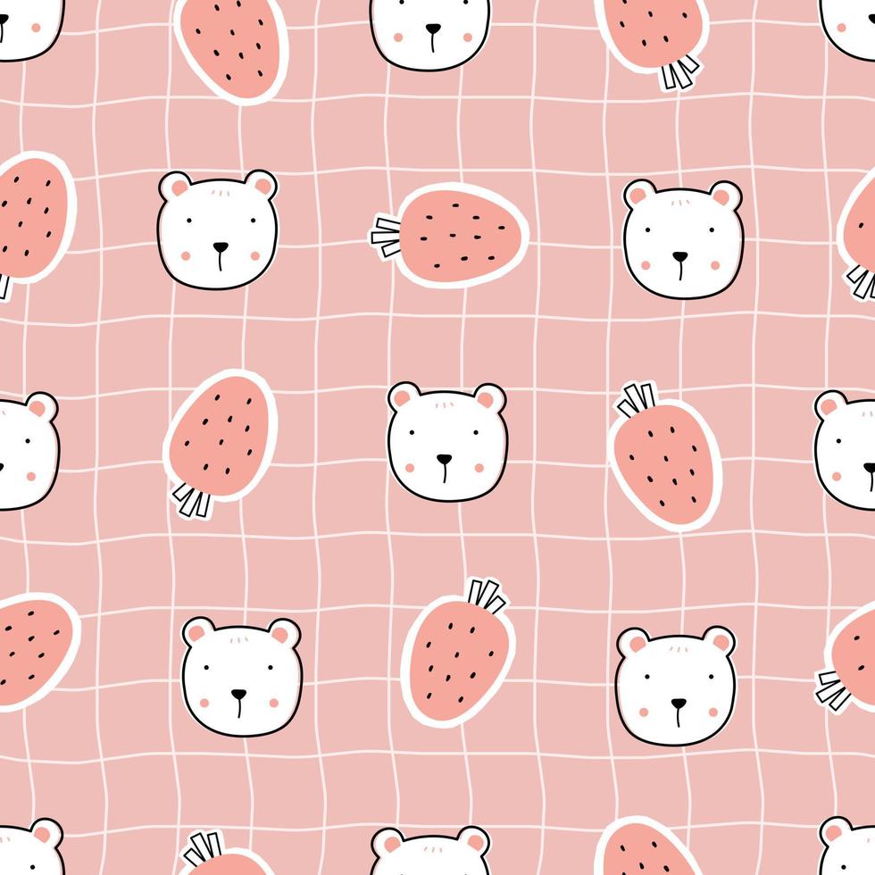 Nursery seamless pattern strawberry and bear on square grid background used for prints, wallpaper, textiles Vector Illustration