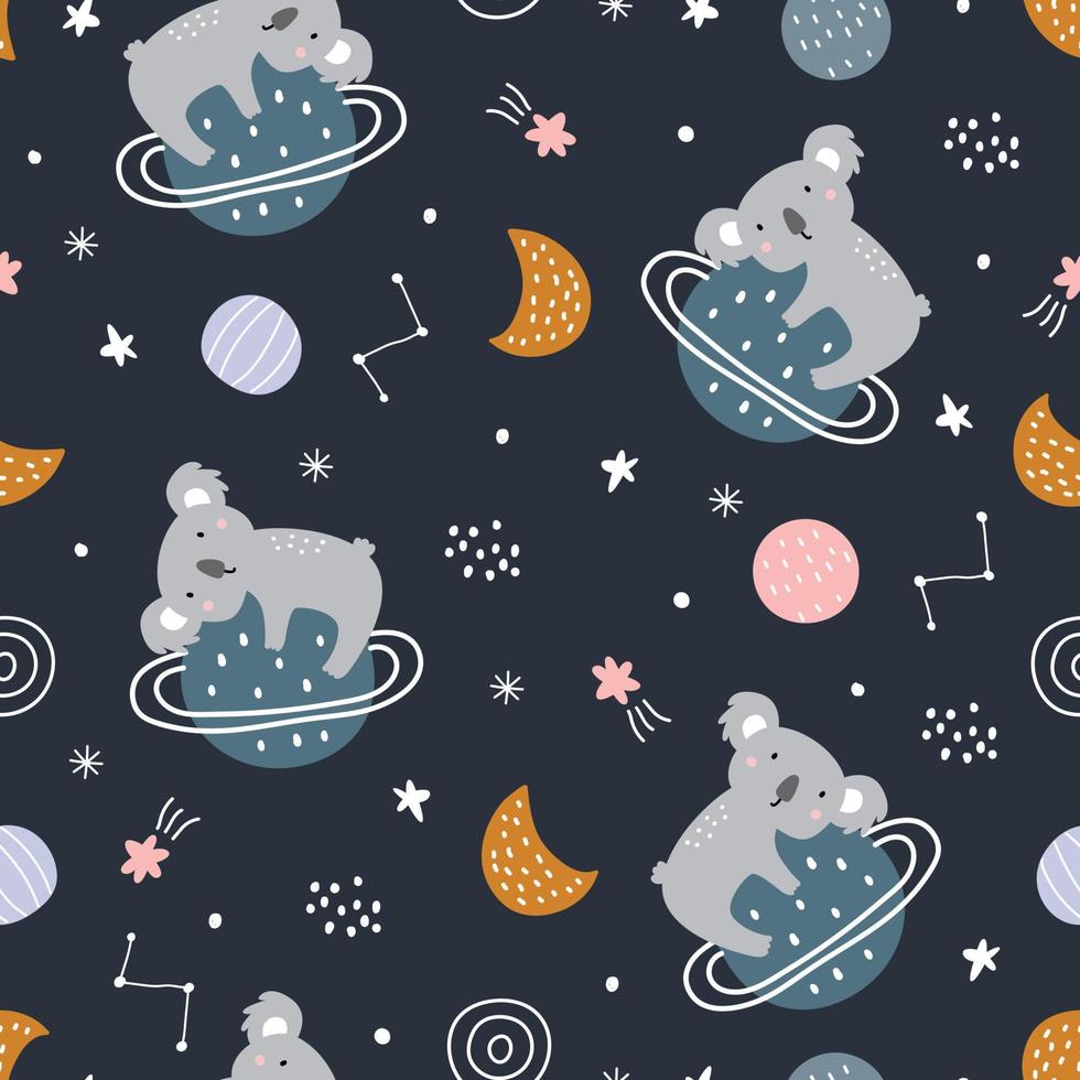 Space background illustration with stars and koala seamless vector pattern use for print, wallpaper, decoration, fabric, textile