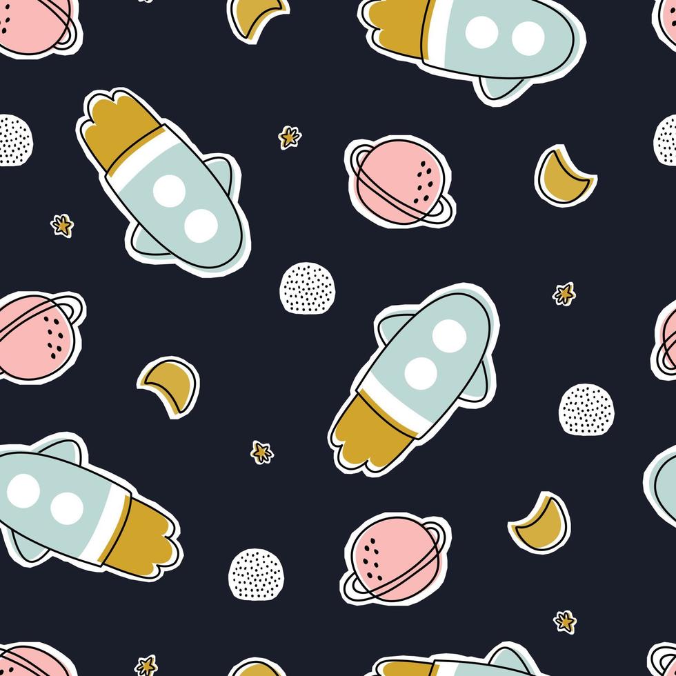 Nursery seamless pattern space background spaceship with planets on black background Use for prints, wallpaper, decorations, textiles, vector illustration