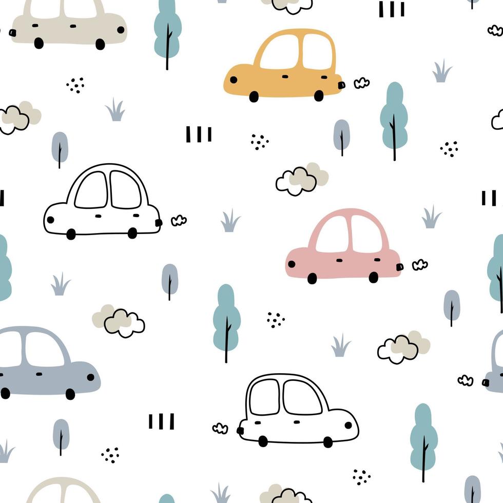 Baby seamless pattern vehicle cartoon background with cars and trees Used for print, decoration, fabrics, textiles vector
