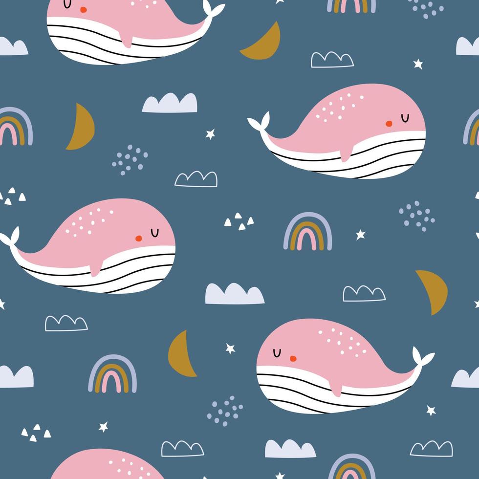 Nursery seamless pattern whale with sky hand drawn in cartoon style Use for textiles, prints, wallpaper vector