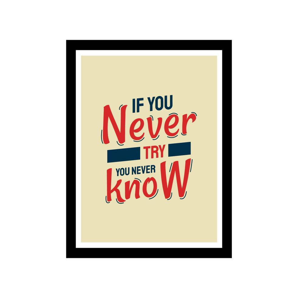 A colorful typography quotes. If you never try, you never know.  Vector inspirational design. Calligraphy motivational good quotes in a frame.