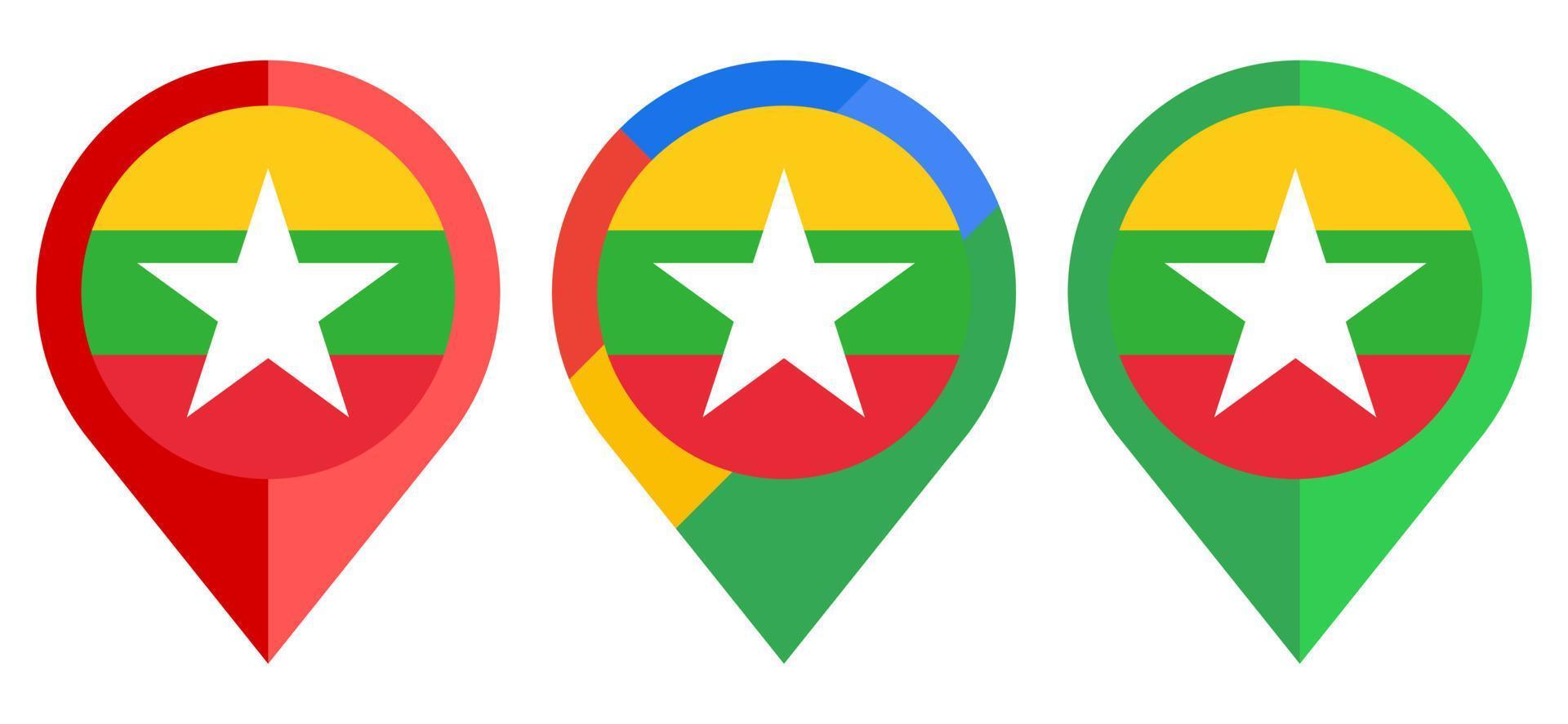 icono de marcador de mapa plano con bandera de myanmar aislado sobre fondo blanco vector