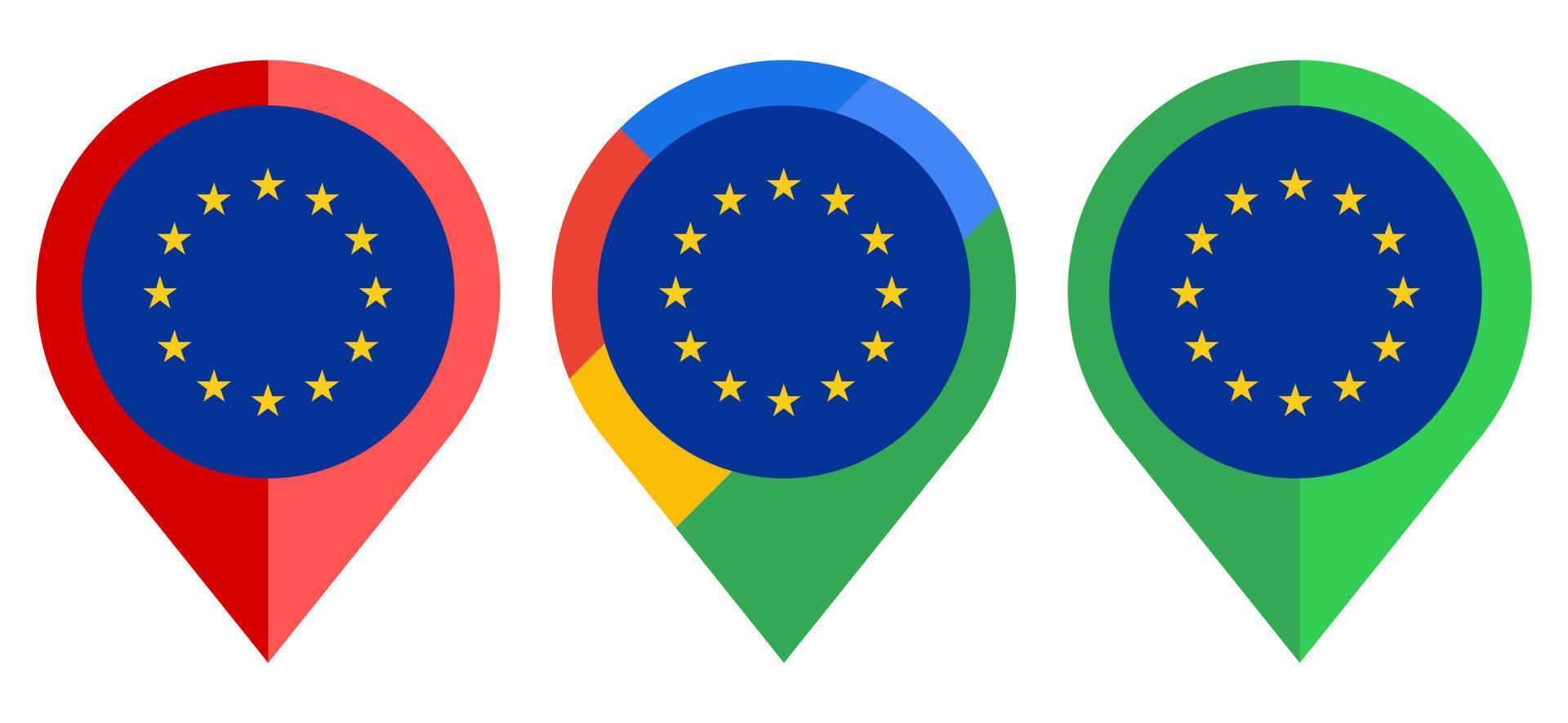 icono de marcador de mapa plano con la bandera de la unión europea aislada sobre fondo blanco vector