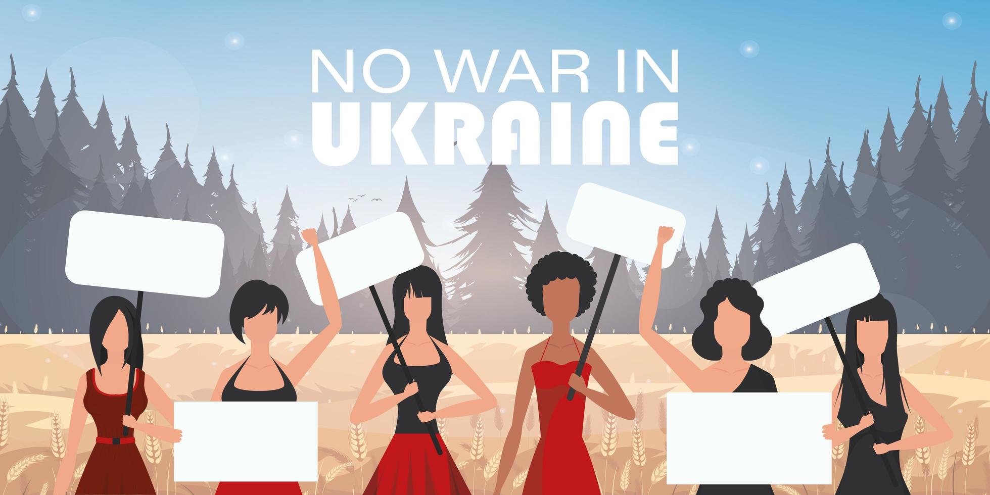 un grupo de mujeres sostiene pancartas. Oren por Ucrania. paren la guerra vector