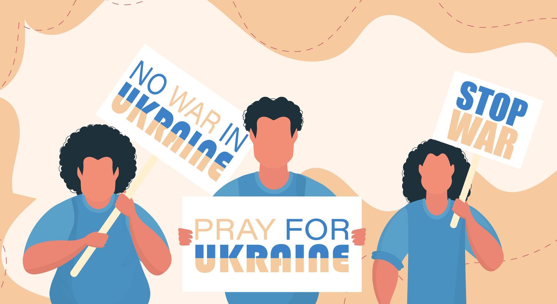 un grupo de hombres sostiene pancartas. Oren por Ucrania. paren la guerra. estilo de dibujos animados vector. vector