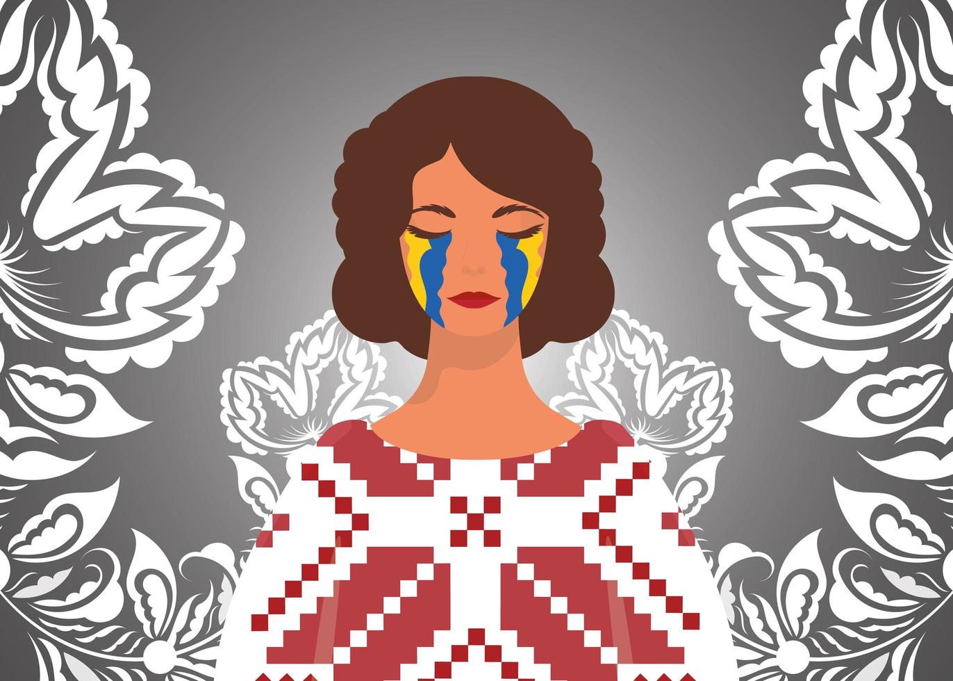 The girl sheds tears. Pray for Ukraine. Stop war. Vector illustration.