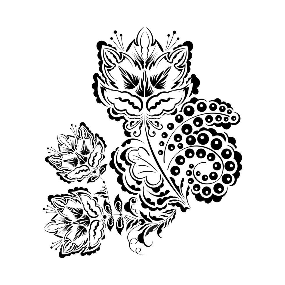 Black and white hand drawn line art ornamental, ethnic flowers design. Adult coloring book. Vector illustration. Indian paisley pattern. Line art ornate design