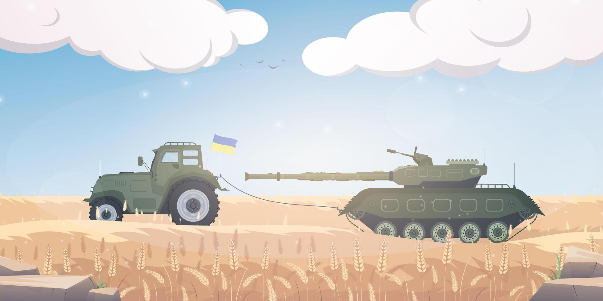 A Ukrainian farmer stole a Russian tank with a tractor. A tractor pulls a military tank across the field. Cartoon style. Vector illustration.