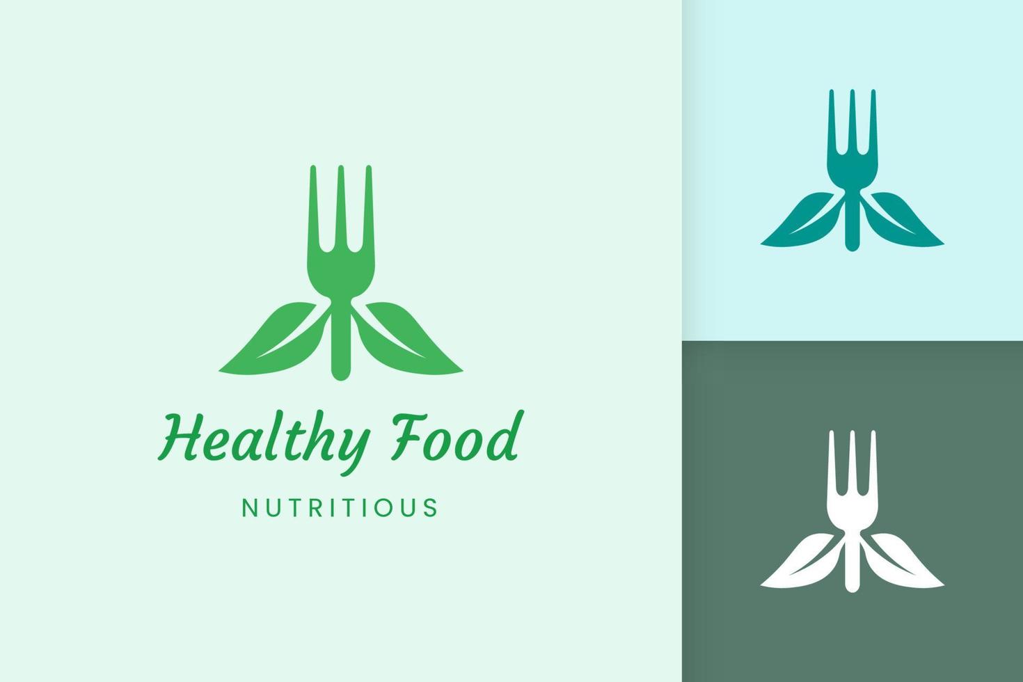 logo de comida saludable con forma de tenedor y hoja vector