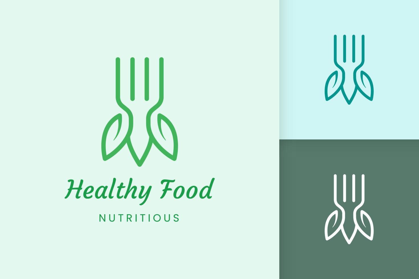 logo de comida saludable con forma de tenedor y hoja vector