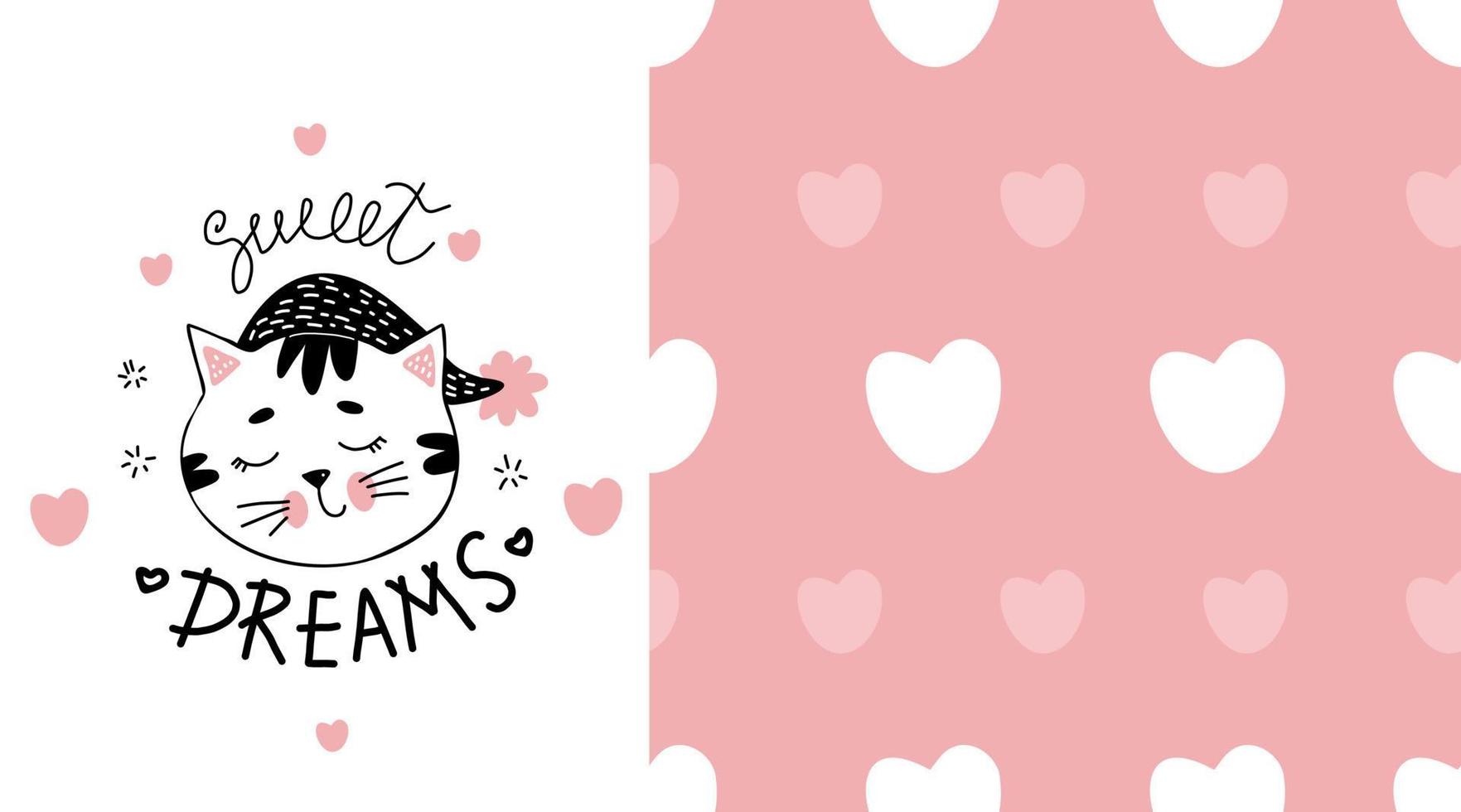 Cat collection. Card with cute sleeping cat and seamless pattern with hearts on pink background. Vector illustration for design, decoration and print