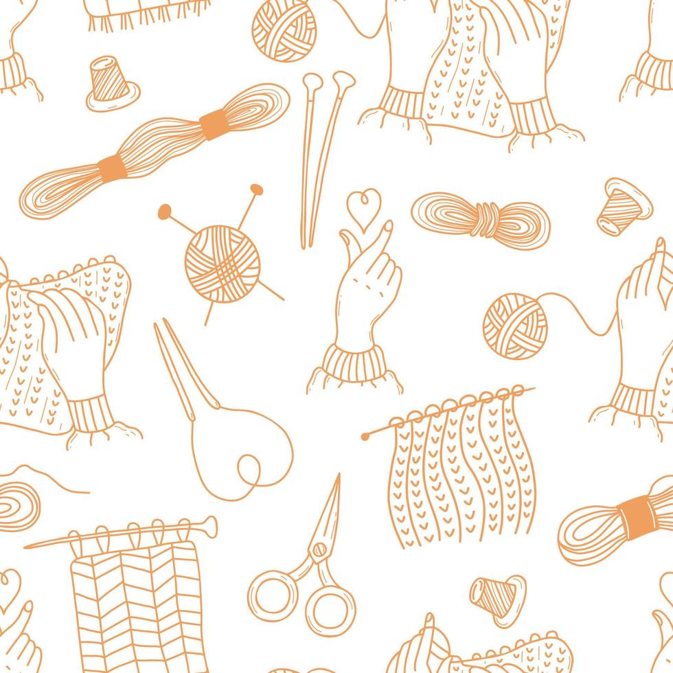 Seamless pattern. Knitting, threads and scissors, heart hand gesture and knitting hands with knitting needles on light yellow background. Vector illustration. Linear hand drawings in doodle style